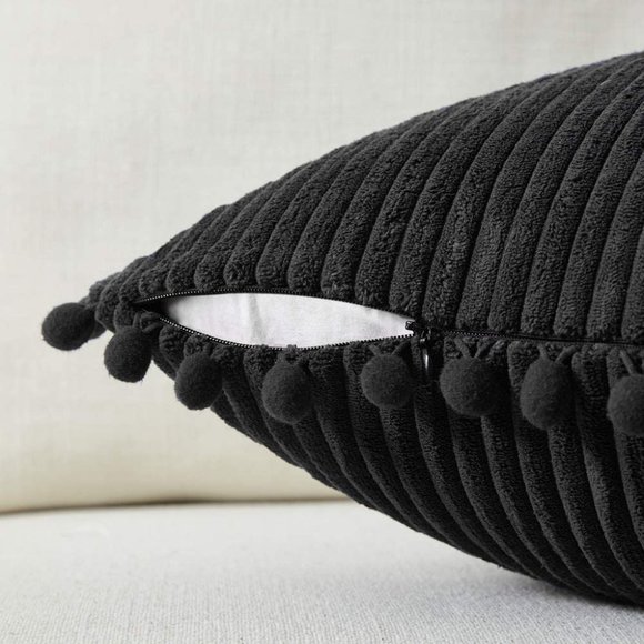 Cozy Black Corduroy Luxury Velvet Pompom Bed/Sofa Throw Pillow Cover/Case Set - Picture 4 of 8